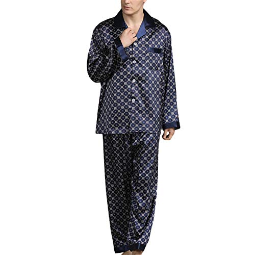 Allthemen Herren Satin Pyjama Schlafanzug Lang Hausanzug Nachtwäsche Langarm Shirt und Pyjamahose #89008 Blau S von Allthemen