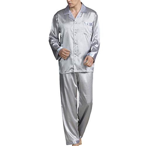 Allthemen Herren Satin Pyjama Schlafanzug Lang Hausanzug Nachtwäsche Langarm Shirt und Pyjamahose #89008 Grau XL von Allthemen