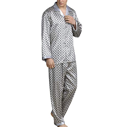 Allthemen Herren Satin Pyjama Schlafanzug Lang Hausanzug Nachtwäsche Langarm Shirt und Pyjamahose #89008 Silber S von Allthemen