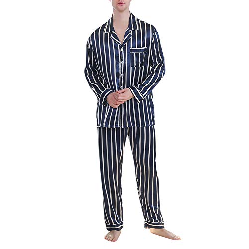 Allthemen Herren Satin Pyjama Schlafanzug Lang Hausanzug Nachtwäsche Langarm Shirt und Pyjamahose #89011 Dunkelblau L von Allthemen