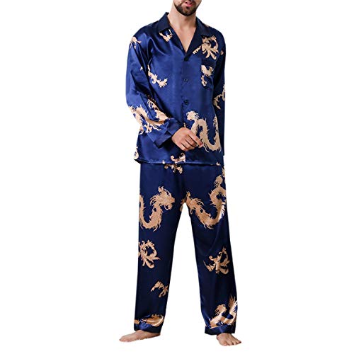 Allthemen Herren Satin Pyjama Schlafanzug Lang Hausanzug Nachtwäsche Langarm Shirt und Pyjamahose #18009 Blau M von Allthemen