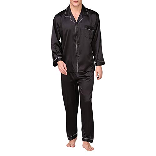 Allthemen Herren Satin Pyjama Schlafanzug Lang Hausanzug Nachtwäsche Langarm Shirt und Pyjamahose #89002 Schwarz L von Allthemen