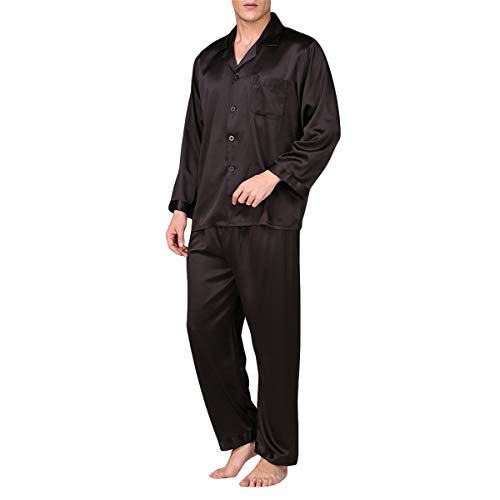 Allthemen Herren Satin Pyjama Schlafanzug Lang Hausanzug Nachtwäsche Langarm Shirt und Pyjamahose #89002 Schwarz1 L von Allthemen