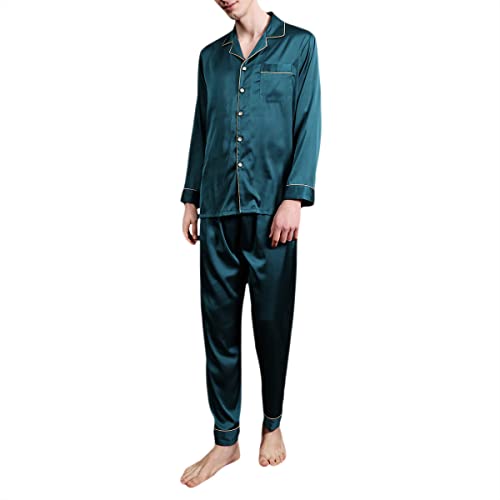 Allthemen Herren Satin Pyjama Schlafanzug Lang Hausanzug Zweiteiliger Nachtwäsche Langarm Shirt und Pyjamahose Blau2 XL von Allthemen