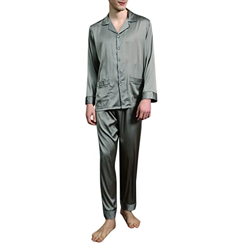 Allthemen Herren Satin Pyjama Schlafanzug Lang Hausanzug Zweiteiliger Nachtwäsche Langarm Shirt und Pyjamahose Grau2 XL von Allthemen