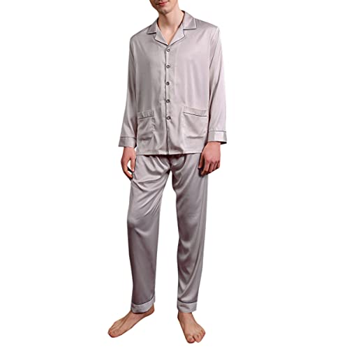 Allthemen Herren Satin Pyjama Schlafanzug Lang Hausanzug Zweiteiliger Nachtwäsche Langarm Shirt und Pyjamahose Hell Beige L von Allthemen