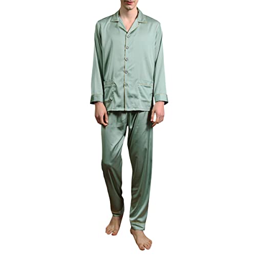 Allthemen Herren Satin Pyjama Schlafanzug Lang Hausanzug Zweiteiliger Nachtwäsche Langarm Shirt und Pyjamahose Grün L von Allthemen