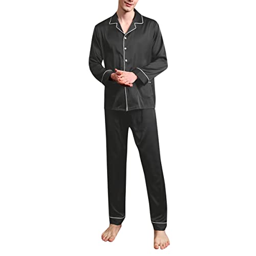 Allthemen Herren Satin Pyjama Schlafanzug Lang Hausanzug Zweiteiliger Nachtwäsche Langarm Shirt und Pyjamahose Schwarz L von Allthemen