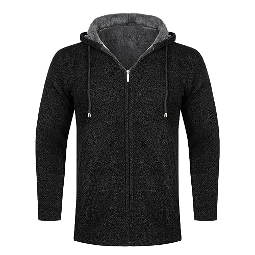 Allthemen Herren Strickjacke mit Kapuze Lang Gefüttert Cardigan Grobstrick Kapuzenjacke Kapuzenpullover Winterjacke Schwarz XXL von Allthemen