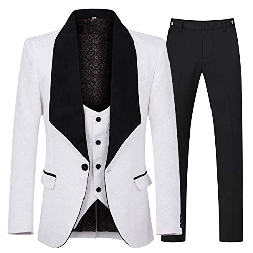 Allthemen Herrenanzug 3-Teilig Smoking Hochzeit Anzüge Herren EIN Knopf Schal Revers Blazer Weste Hose Weiß XXL von Allthemen