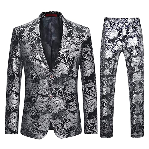 Allthemen Jacquard Smoking Herren Anzug Fallendes Revers 2 Teilig Set für Hochzeit Party Silber 3XL von Allthemen