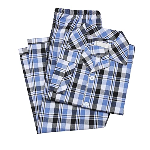 Allthemen Pyjama Herren Karierter Schlafanzug Lang Pyjama Baumwolle Zweiteiliger Hausanzug Langarm Shirt und Pyjamahose #007 Blau M von Allthemen