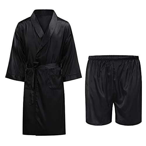 Allthemen Satin Bademantel mit Hose Herren Seide Morgenmantel Leicht Kimono Lang Hausmantel Satin Robe #880001 Schwarz1 L von Allthemen