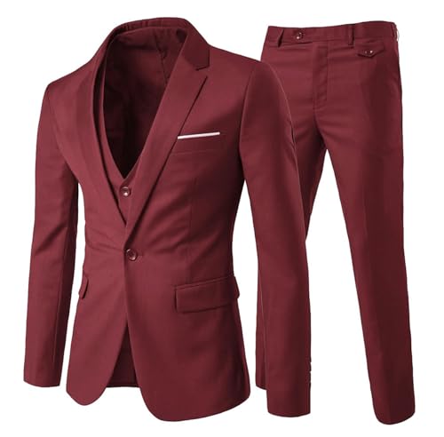 Anzug Herren Slim Fit 3 Teilig Anzüge Herrenanzug Sakko Hochzeit Business Wine Rot 3XL von Allthemen