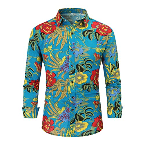 Allthemen Herren Blumen Hemden Leinen Bunte Hemd Langarmhemd Muster Paisley Freizeitshemd Langarm Casual Shirt Farbe 13 XL von Allthemen