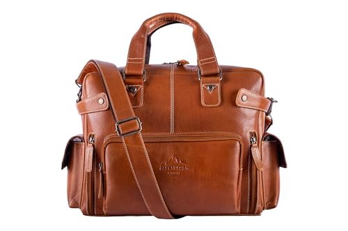 Alpenleder Messenger Aktentasche - ELBSEE (Handgefertigt) - Nachhaltiges Bio-Leder aus regionaler Landwirtschaft | Aktentasche für Damen & Herren, Laptoptasche *Fair Produziert* (40x30x15cm, Cognac) von Alpenleder