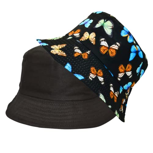 Alsino Anglerhut Fischerhut Sonnenhut Bucket Hat Hut Reversibel Freizeithut Outdoor Wende-Hut Sommermütze Herbst Camping Reisen Wandern-für Damen Herren Kinder, Schmetterlinge schwarz von Alsino