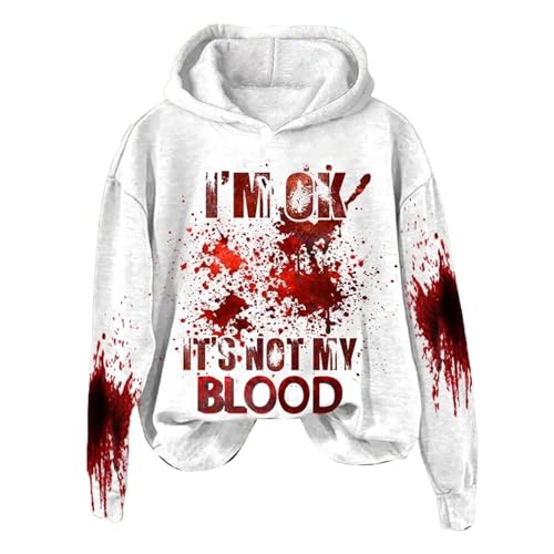 Alueeu Damen Halloween Hoodie I'm Ok It's Not My Blood bedrucktes, lässiges Langarm-Sweatshirt, weiches bedrucktes Hemd, Damen-Winter-Sweatshirt-Oberteil Damen Elegant Sexy Kapuzenpullover von Alueeu