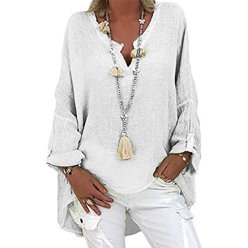 Alueeu Pullover Leinenbluse Damen V-Ausschnitt Longbluse Damen Langarmshirt Leinen Baumwolle Hemd Oberteile Einfarbig Shirt Leinen Blusenshirt Lange Lässiges Tunika Damen Sommer, XL, 01 Weiß von Alueeu