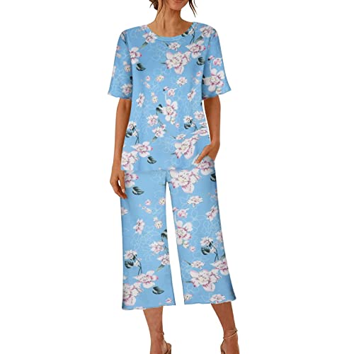 Pyjama Set Damen Baumwolle Schlafanzug Zweiteiliger Lässige Oberteile und 7/8 Hosen Hausanzug Vintage Blumen Druck Pyjamahose und Shirt Casual Lose Nachtwäsche mit Taschen Sleepwear von Alueeu