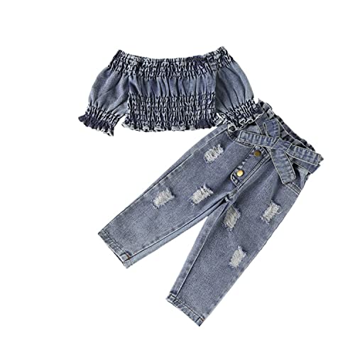 Alunsito Baby Mädchen Denim Kleidung Set Langarm T-Shirt Schulterfrei Crop Top + Zerrissene Jeans Löcher Hosen Sommer Outfit 2tlg 120 Hellblau 4-5 Jahre von Alunsito