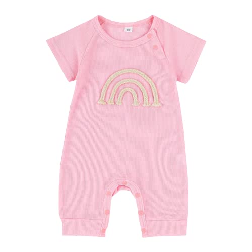 Alunsito Neugeborenes Baby Junge Mädchen Overall gerippter Kurzarm-Strampler Bodysuit solide gestrickt einteilig Outfits Kleidung Rosa 60 0–3 Monate von Alunsito