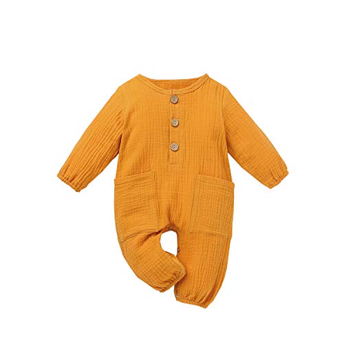 Alunsito Neugeborenes Unisex Kleidung Baby Boy Girl Solid Pocket Strampler Body One Piece Overall Outfits Gelb 100 9-12 Monate von Alunsito