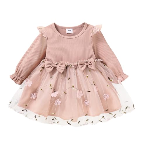 Kleinkind Baby Mädchen Prinzessin Kleid Geburtstag Rüschen Langarm Strickoberteil Splice Mesh Tüll Kleider Herbst Outfits Lang Blumen Rosa 3–6 Monate von Alunsito