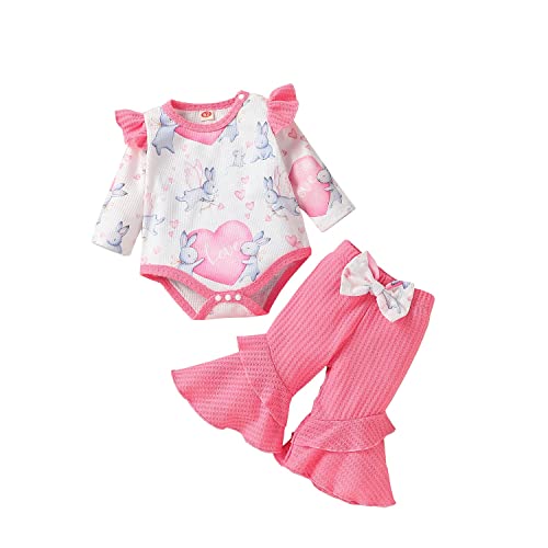 Kleinkind Baby Mädchen Valentinstag Kleidung Cartoon Print Rüschen Langarm Strampler + Waffel Schlaghose 68 3-6 Monate Rosa von Alunsito