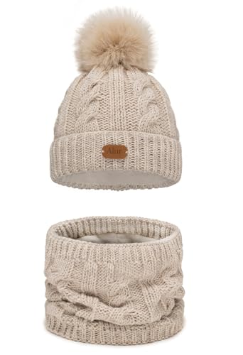 Alur Mütze Kinder Unisex Beanie mit Loop Schal Set Wintermütze Strickmütze mit Bommel - Warme Elastisch Elegant Winter Mütze Schal Eko Bommelmütze - Weiches Garn Stilvoll Warm (Beige) von Alur