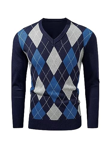 AlvaQ Argyle Pullover Herren Strickpullover Herren Retro V Ausschnitt Pullover Blau Herren Herbst und Winter Sweater 2XL von AlvaQ