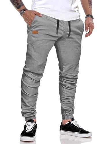 AlvaQ Chino Hose Herren Freizeithose Baumwolle Cargohose Herren Jogginghose mit Kordelzug Casual Hose mit Taschen Grau S von AlvaQ