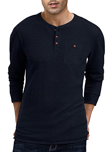 AlvaQ Langarmshirt Herren Thermo Pullover Herren Waffle Baumwolle Henley Shirt Long Sleeve Knopf Hemden Casual Blau S von AlvaQ