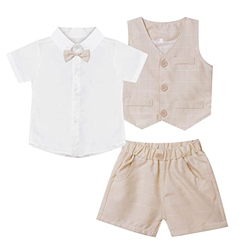 Alvivi Baby Jungen Gentleman Anzug Kurzarm T-Shirt Hemd + Hose/Shorts Smoking Anzug Weste Fliege Taufe Hochzeit Festliche Kleidung Set E Beige 86-92 von Alvivi