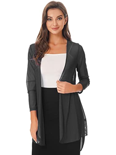 Alvivi Damen Bolero Jacke Chiffon Cardigan Lange Leichte Open Front Sommerjacke Schal Strandkleid Bikini Cover Up Beachwear A Schwarz 5XL von Alvivi