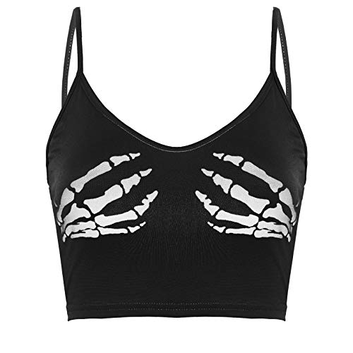 Alvivi Damen Crop Top Träger Tank Top Cami Bauchfrei Oberteile mit Skelett Hände Druck Unterhemd Weste Party Club Shirt A Schwarz S von Alvivi