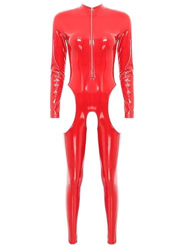 Alvivi Damen Jumpsuit Wetlook Langarm Ouvert Body Leder-Optik Ganzkörperanzug Catsuit Overall Ouvert Hose Tight Leggings Party Clubwear Rot XXL von Alvivi