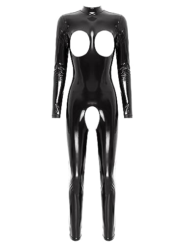 Alvivi Damen Jumpsuit Wetlook Brustfrei Body Overall Catsuit Langarm Ganzanzug Ouvert Hose Tight Leggings GOGO Party Clubwear Schwarz 3XL von Alvivi