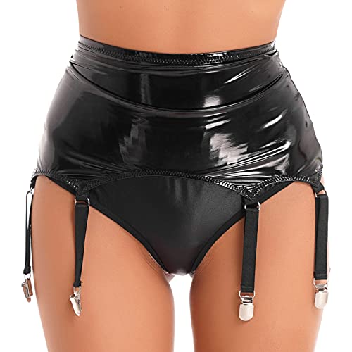 Alvivi Damen Strumpfhaltergürtel mit G-String Socken Strumpfband Mini Rock Wetlook Strumpfgürtel Lack Leder Rock Party Club Dessous-Kleid Clubwear B Schwarz Ohne String M von Alvivi