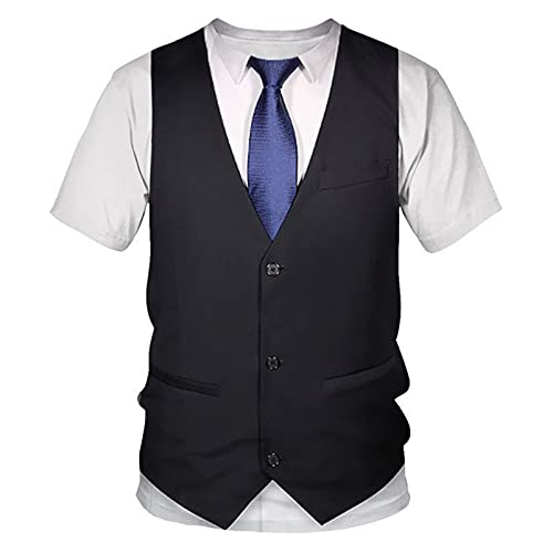 Alvivi Herren Tops T-Shirt Kurzarm Unterhemd mit Anzugweste Krawatte 3D Aufdruck Slim Fit Shirt Sommer Party Clubwear A Schwarz L von Alvivi