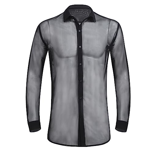 Alvivi Herren Transparent Shirts Langarm T-Shirt Hemd Durchsichtig Netzhemd Unterhemd Untershirt Unterwäsche GOGO Clubwear Schwarz L von Alvivi