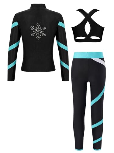 Alvivi Kinder Mädchen Sport Set Eiskunstlauf Anzug Langarm Sweatjacke Sweatshirt + Sport BH Tops + Hose Sport Leggings Eislaufen Tanz Yoga Trainingsanzug Blau Grün 122-128 von Alvivi