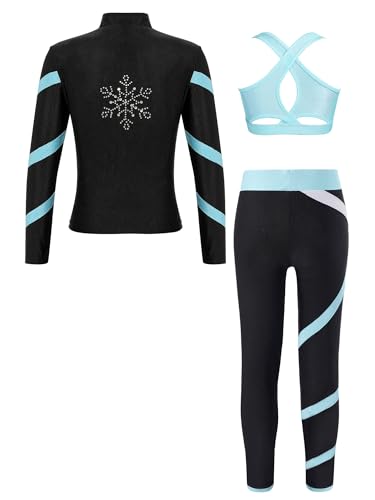 Alvivi Kinder Mädchen Sport Set Eiskunstlauf Anzug Langarm Sweatjacke Sweatshirt + Sport BH Tops + Hose Sport Leggings Eislaufen Tanz Yoga Trainingsanzug Hellblau 158-164 von Alvivi