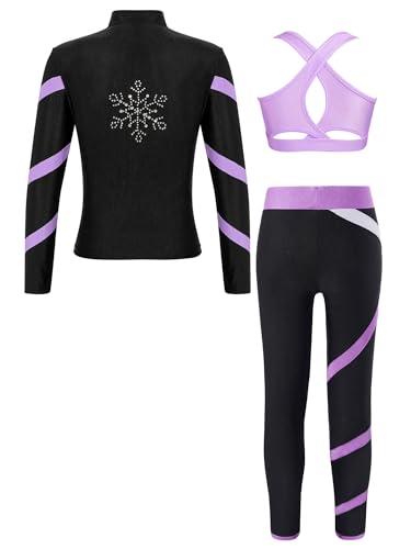 Alvivi Kinder Mädchen Sport Set Eiskunstlauf Anzug Langarm Sweatjacke Sweatshirt + Sport BH Tops + Hose Sport Leggings Eislaufen Tanz Yoga Trainingsanzug Lavendel 134-140 von Alvivi