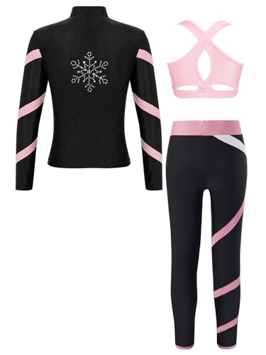 Alvivi Kinder Mädchen Sport Set Eiskunstlauf Anzug Langarm Sweatjacke Sweatshirt + Sport BH Tops + Hose Sport Leggings Eislaufen Tanz Yoga Trainingsanzug Rosa 158-164 von Alvivi