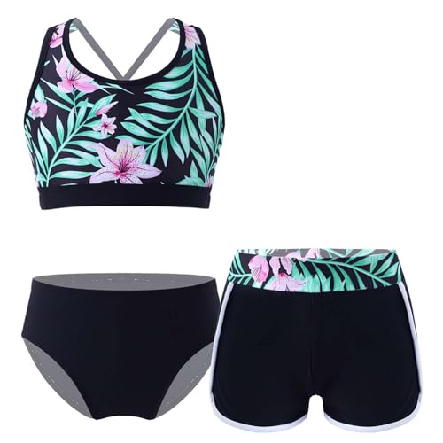 Alvivi Mädchen Bikini Tankini Set Blumen Druck Badeanzug Dreiteiliger Bademode Sport Tank Top +Shorts + Bikinislip Schwimmanzug Badebekleidung Schwarz Grün 170-176 von Alvivi