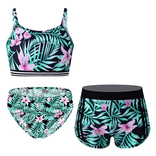 Alvivi Mädchen Bikini Tankini Set Dreiteiliger Badeanzug Bademode Spaghetti-Träger Tank Top + Slip + Shorts Sport Set Schwimmanzug Strandbikini Lilie 134-140 von Alvivi