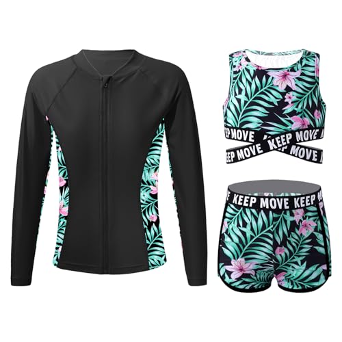 Alvivi Mädchen 3 Teilig Badeanzug UV Schutz Langarm Rash Guard + Crop Tops + Shorts Kinder Bikini Tankini Set Sommer Schwimmanzug Badebekleidung Lilie 170-176 von Alvivi