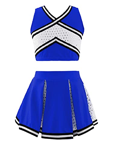 Alvivi Mädchen Cheer Leader Kostüm Cheerleading Uniform Crop Top mit Rock Schulmädchen Tanzkostüm Halloween Karneval Fasching Partykleid B Royal Blau 158-164 von Alvivi