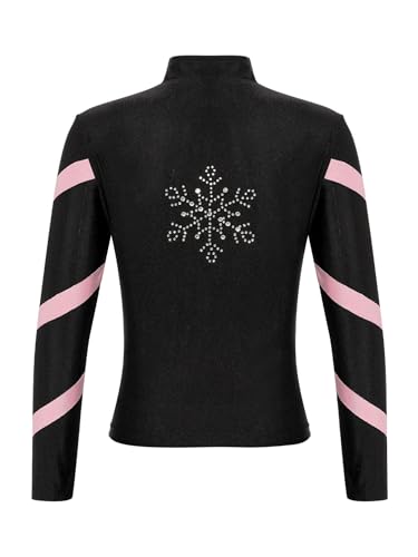 Alvivi Mädchen Eiskunstlauf Jacke Farbblock Sweatjacke Sweatshirt Schneeflocken Strass Trainingsjacke Eislaufen Tanzkleidung Rosa 122-128 von Alvivi